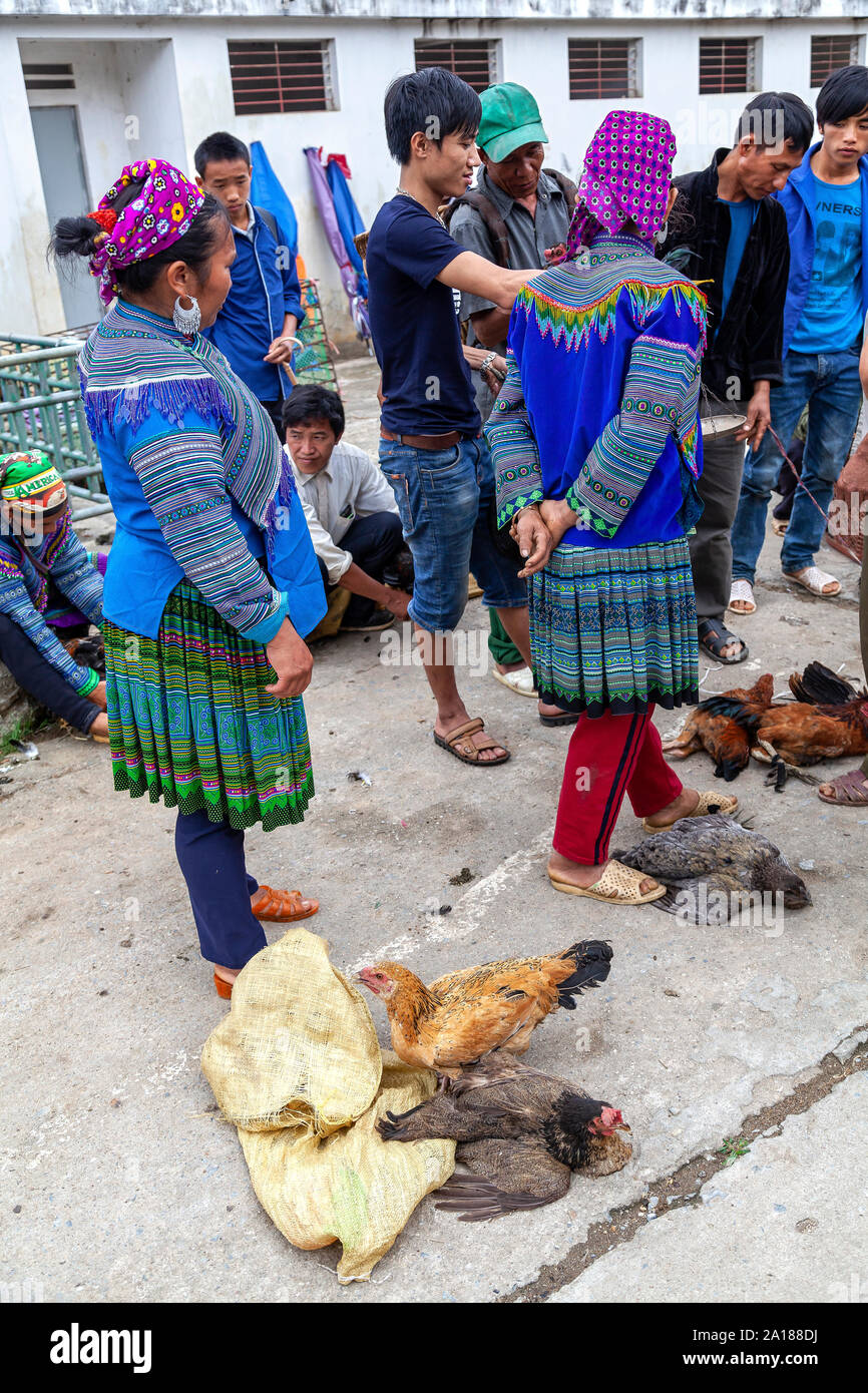 Sunday market in Bac Ha town, in Lao Cai province, in mountainous northwestern Vietnam. Many ethnic tribes come together here on market day. Stock Photo