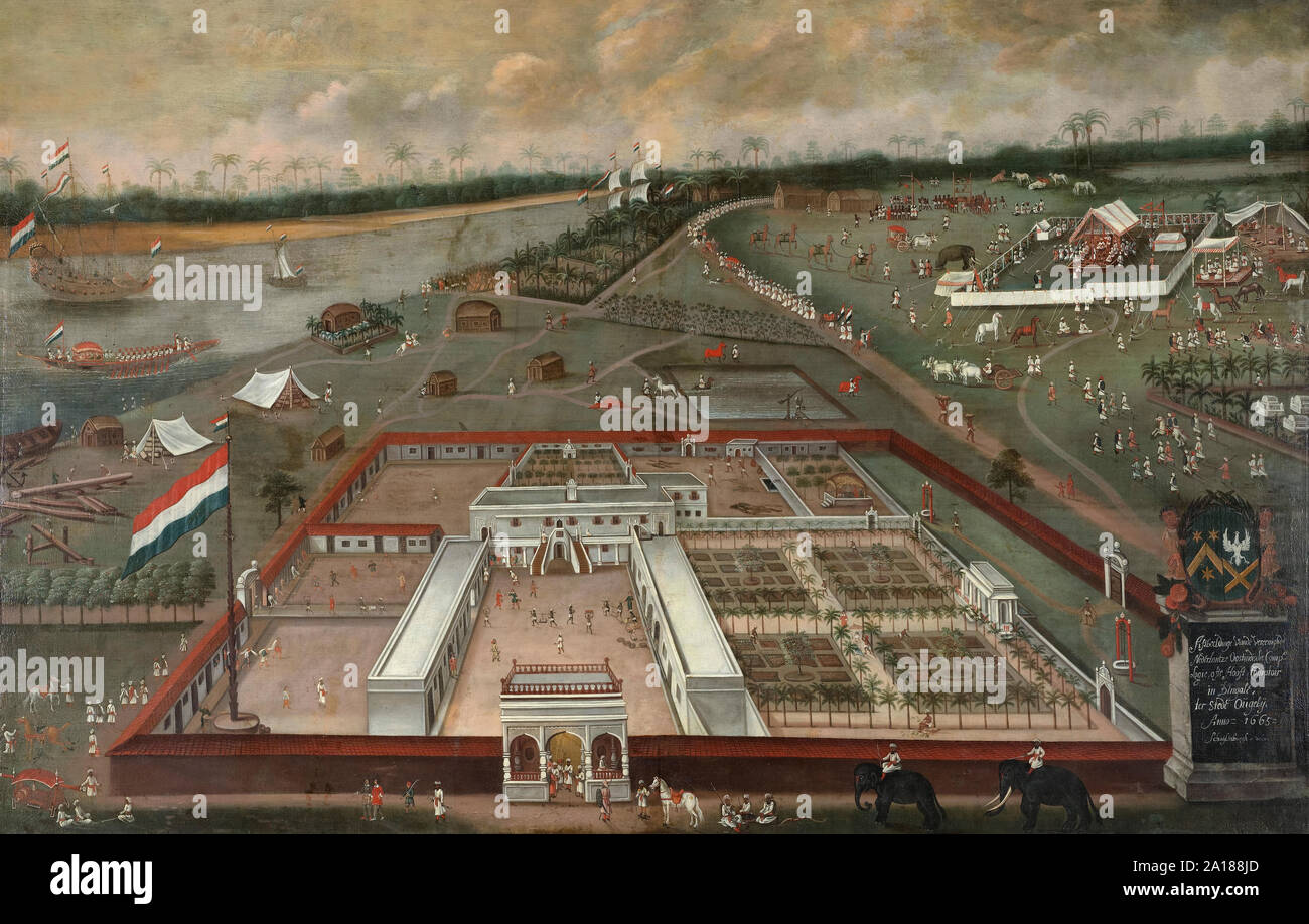 The Trading Post of the Dutch East India Company in Hooghly, West Bengal, India painted in 1665 by Hendrik van Schuylenburgh (1620-1689). Stock Photo