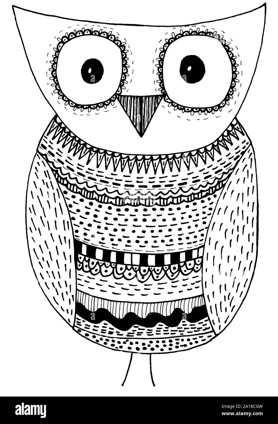 Cute owl , handmade painted work. Zentangle technic Stock Photo