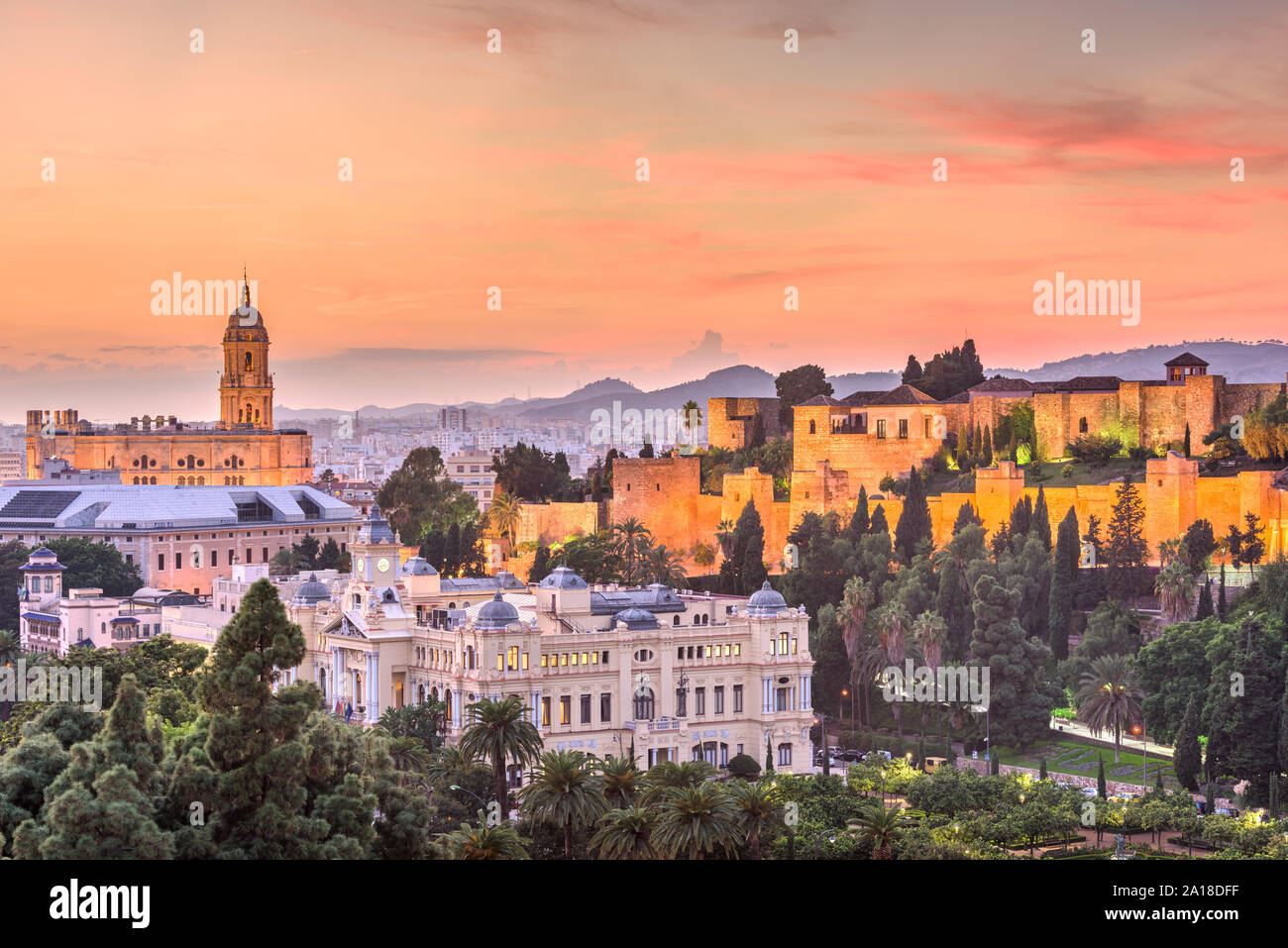 Malaga, Spain old town skyline at dusk. Stock Photo