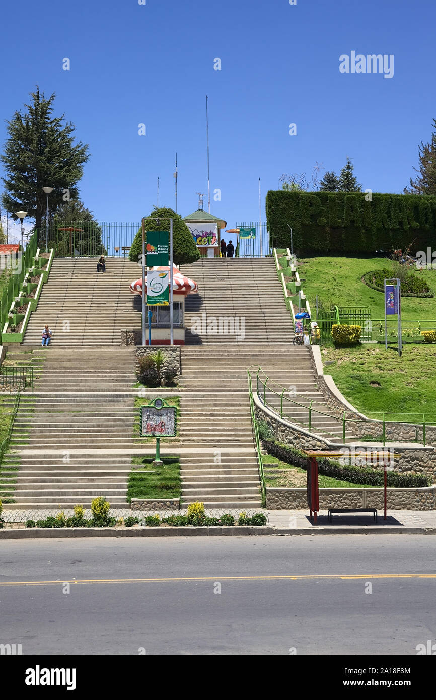 LA PAZ, BOLIVIA - OCTOBER 14, 2014: Stairs leading to the Parque Metropolitano Laikacota (metropolitan park), a playground and lookout  in La Paz Stock Photo