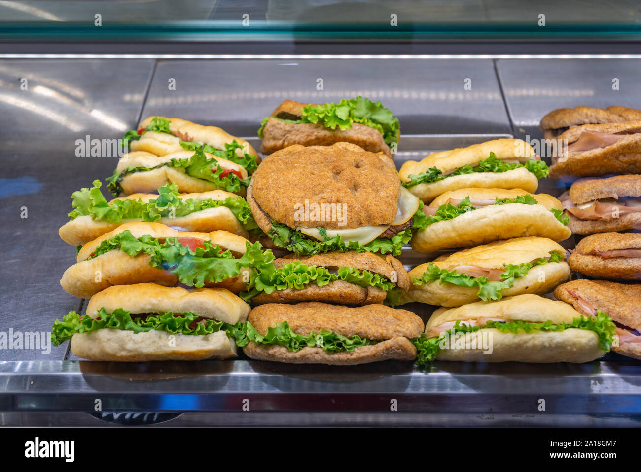 Delicious sandwich for sale at fast food store Stock Photo Alamy