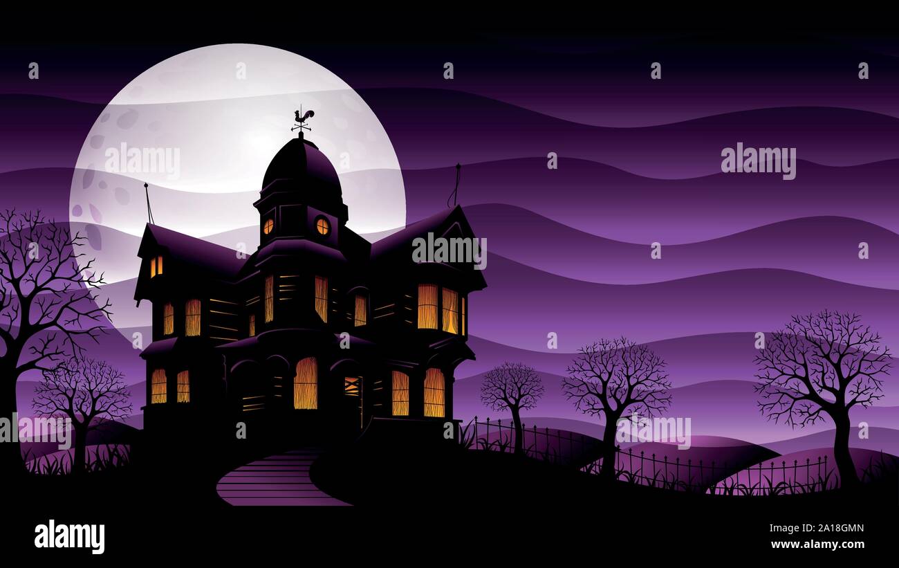 Old haunted house with yellow lights on surrounded by silhouettes of