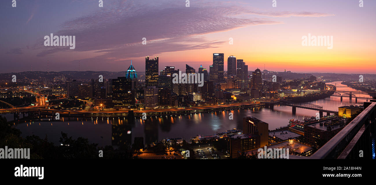 Pittsburgh, city in the state of Pennsylvania, United States of America, as seen across the Monongahela River, at dawn Stock Photo