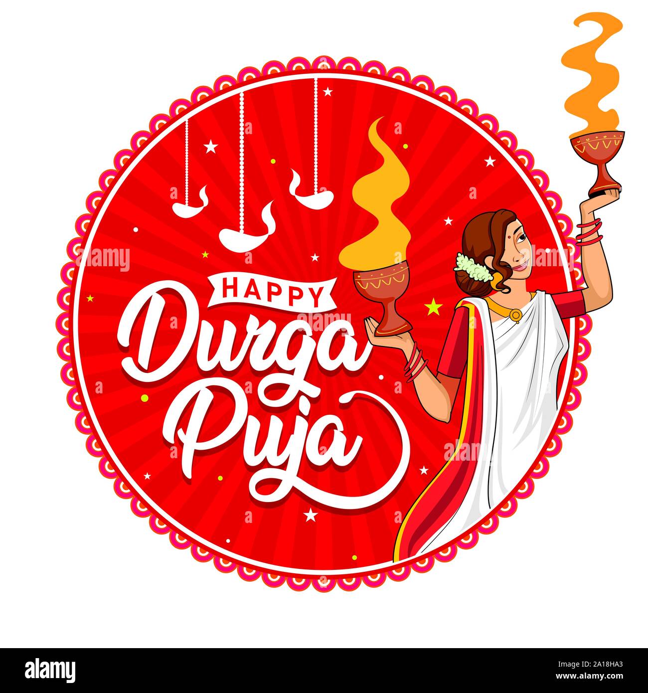 Indian Festival Celebration. Happy Durga Puja Discounts Logo Design, Banner, Sticker, Concept, Greeting, Icon, Poster, Unit, Web on red background. Stock Vector