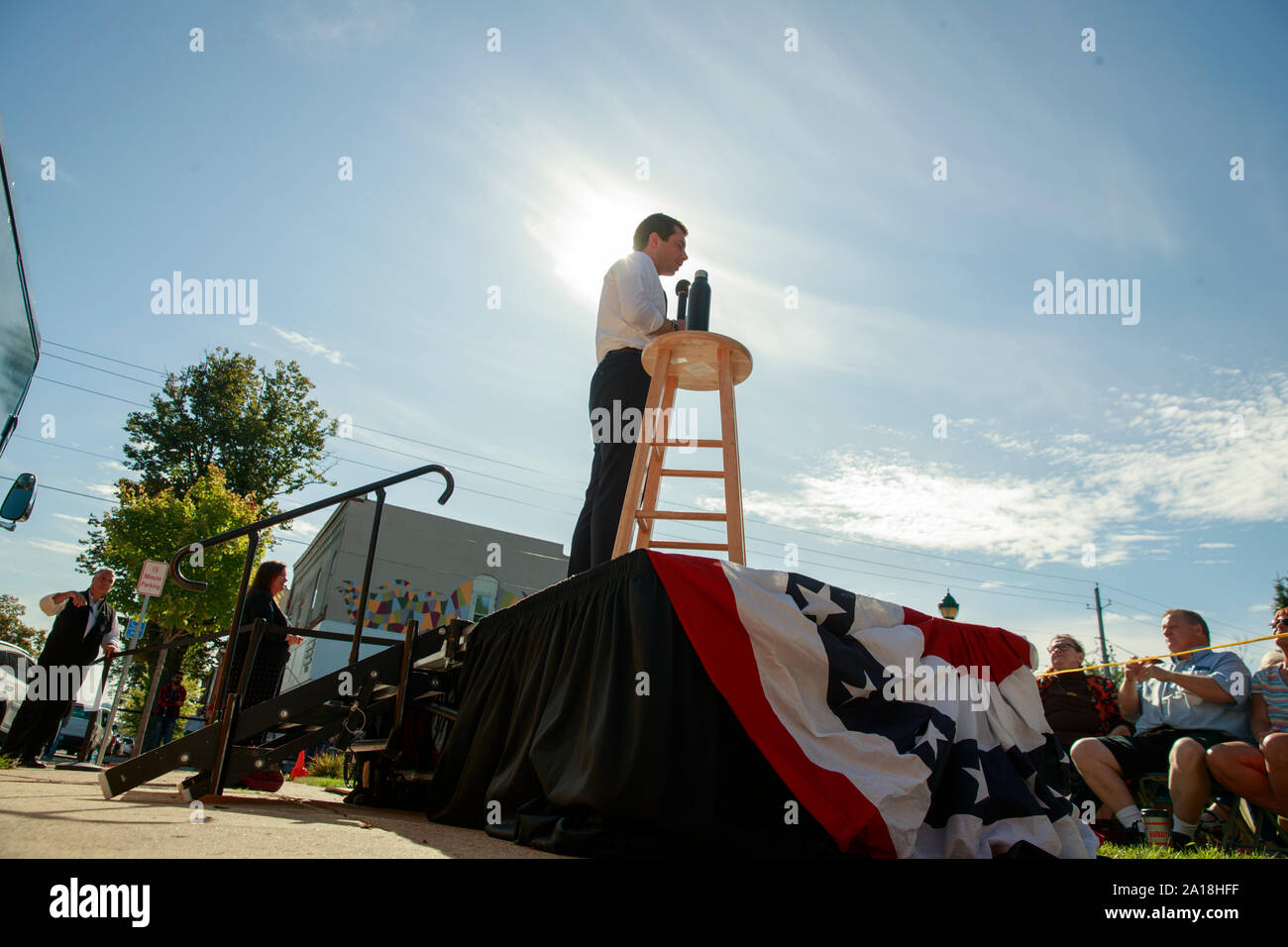 South Bend, Indiana Mayor Pete Buttigieg, who is running for the Democratic nomination for president of the United States, campaigns Tuesday, September 24, 2019 in Clinton, Iowa. Buttigieg was on a four day campaign bus tour of Iowa. Stock Photo