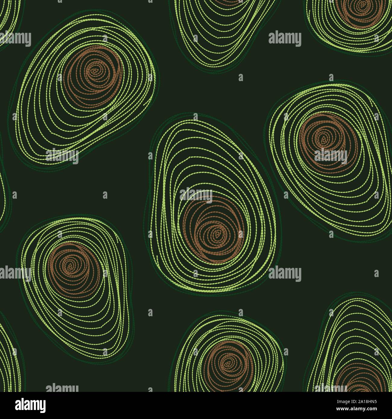 Seamless vector pattern with embroidered avocado halves on a dark background Stock Vector