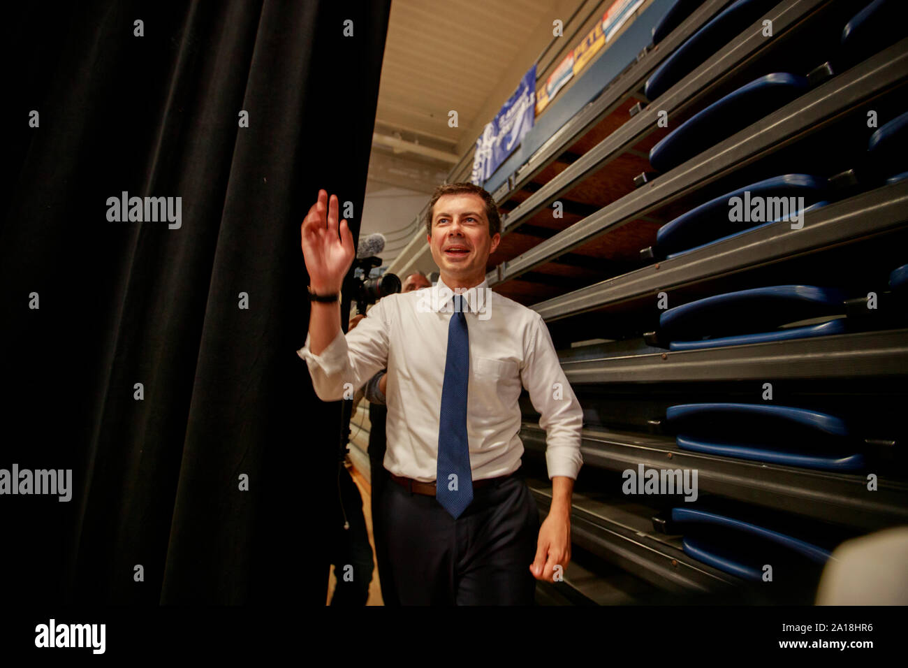 South Bend, Indiana Mayor Pete Buttigieg, who is running for the Democratic nomination for president of the United States, campaigns Tuesday, September 24, 2019 at St. Ambrose University in Davenport, Iowa. Buttigieg was on a four day campaign bus tour of Iowa. Stock Photo