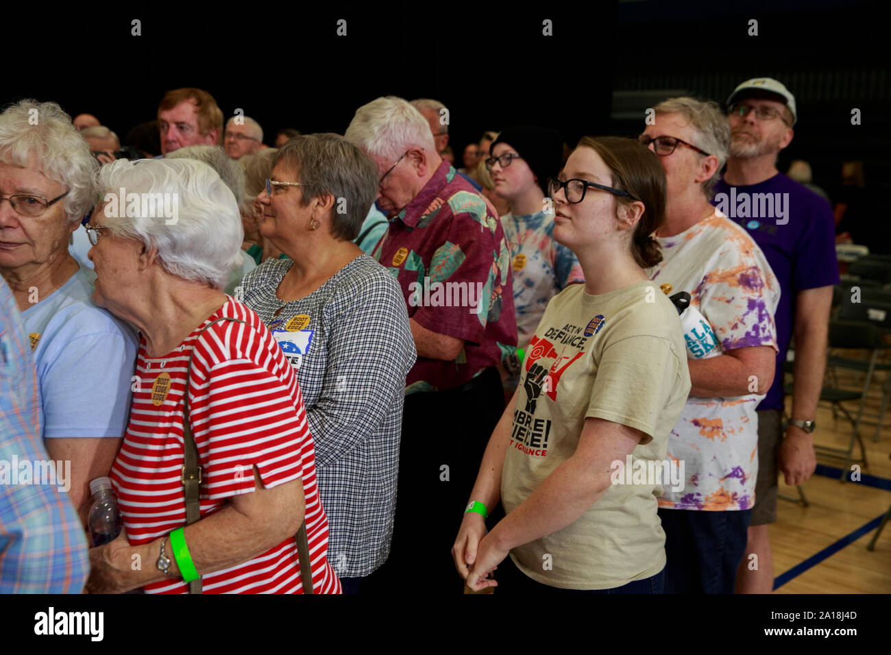 Supporters listen as South Bend, Indiana Mayor Pete Buttigieg, who is running for the Democratic nomination for president of the United States, campaigns Tuesday, September 24, 2019 at St. Ambrose University in Davenport, Iowa. Buttigieg was on a four day campaign bus tour of Iowa. Stock Photo