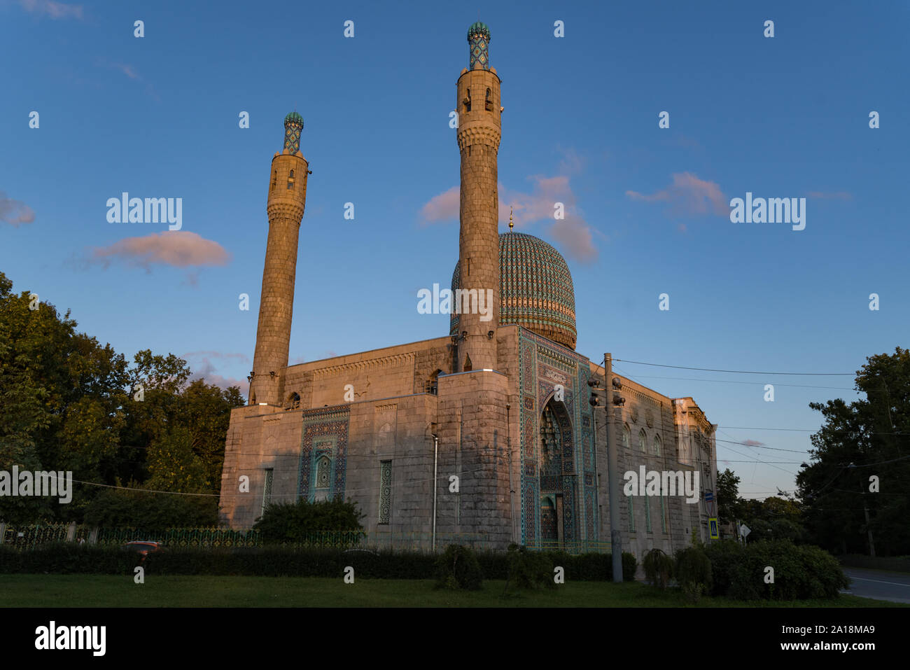 View to Central Mosque in St Petersburg on sunset, Russia Stock Photo