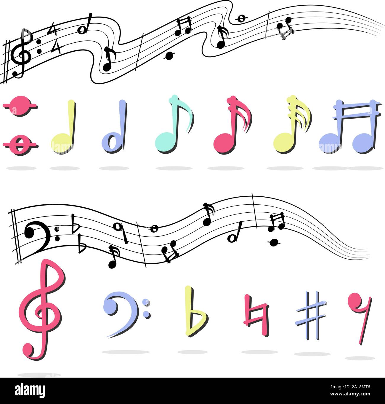 Music note on white background. Multicolor flat symbol set. Concept of Lover music. Stock Vector