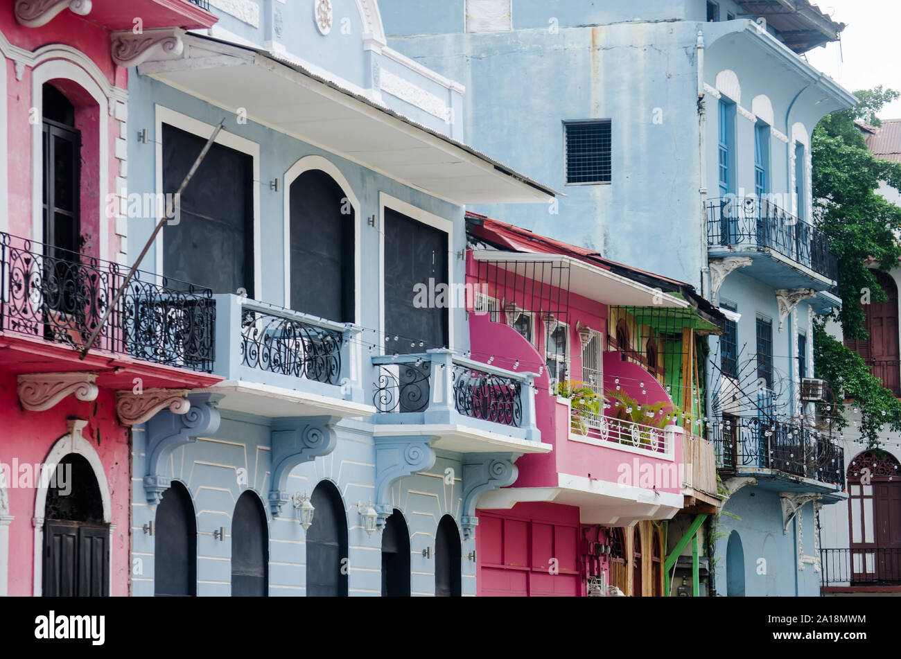 Old and colorful balconies of Casco Antiguo Stock Photo