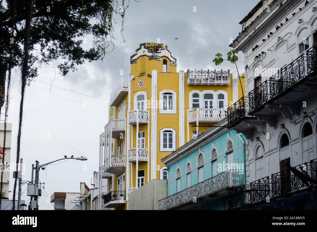 Old buildings facade next to the well known Santa Ana Park and the Peatonal, an emergent zone near to Casco Antiguo in Panama City Stock Photo