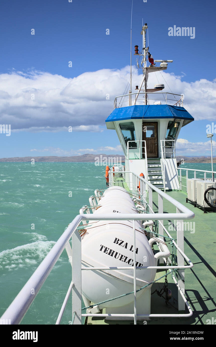 LAGO GENERAL CARRERA, CHILE - FEBRUARY 20, 2016: Cockpit of a ferry on the route from Puerto Ibanez to Chile Chico on Lago General Carrera lake, Chile Stock Photo