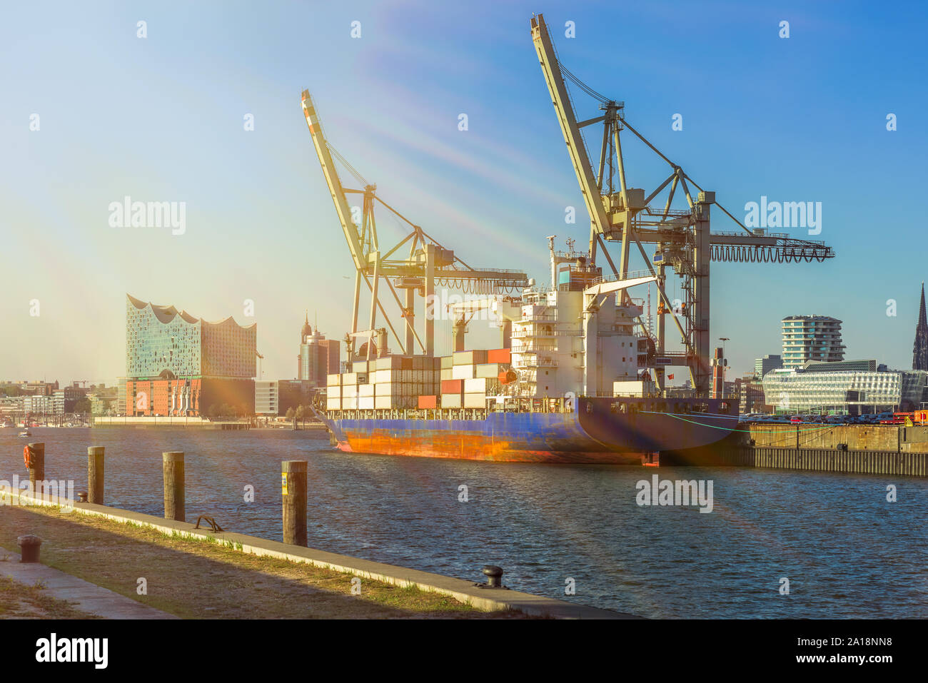Panorama Hamburg harbour warehouse district with container ship and ...