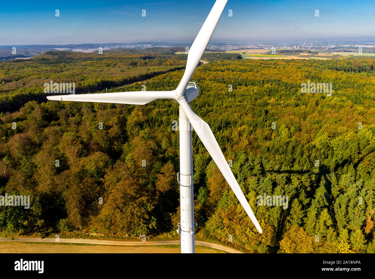 aerial view, autumn, beautiful, blue, climate, climate protection, colorful, drone photo, enercon, energy turn, field, forest, from above, gondola, hi Stock Photo