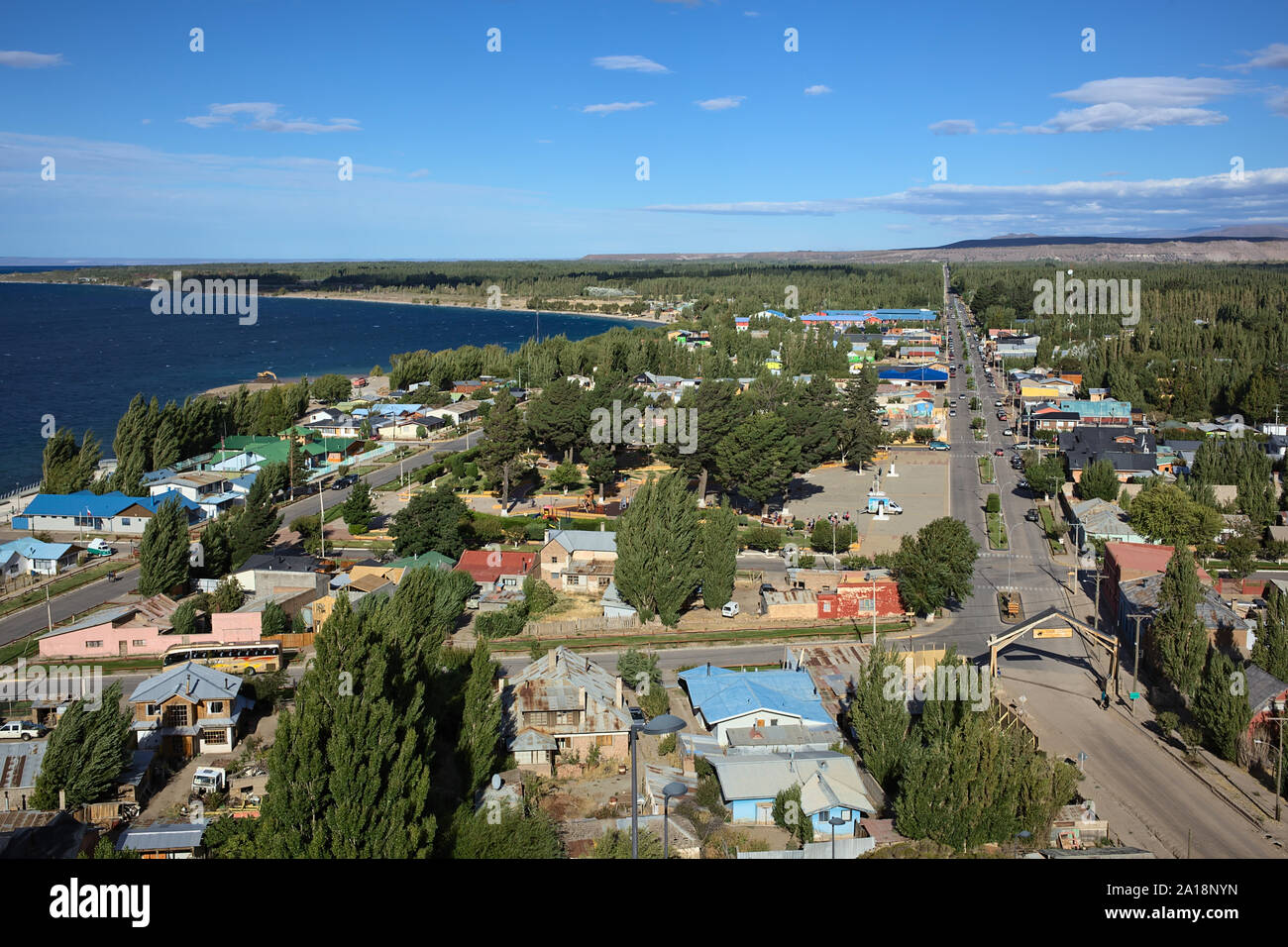 CHILE CHICO, CHILE - FEBRUARY 23, 2016: View from Plaza del Viento lookout of the town Chile Chico on the shore of Lago General Carrera lake Stock Photo
