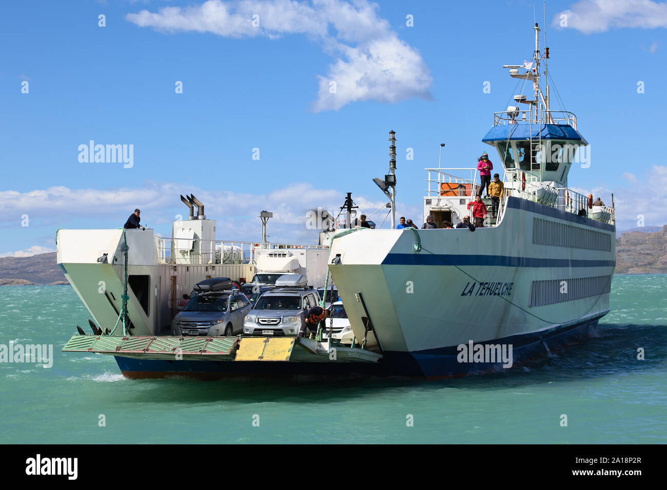 PUERTO IBANEZ, CHILE - FEBRUARY 20, 2016: Ferry arriving from Chile Chico in Puerto Ibanez on the Northern shore of Lago General Carrera lake Stock Photo