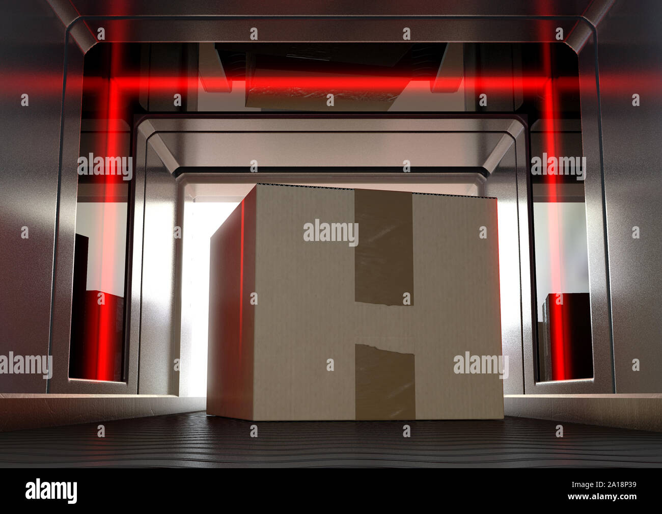 A cardboard box being examined by red lights while going through a baggage scanner on an isolated background - 3D render Stock Photo