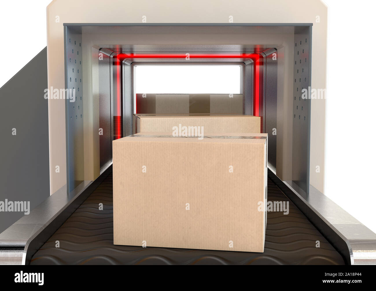 A cardboard box being examined by red lights while going through a baggage scanner on an isolated background - 3D render Stock Photo