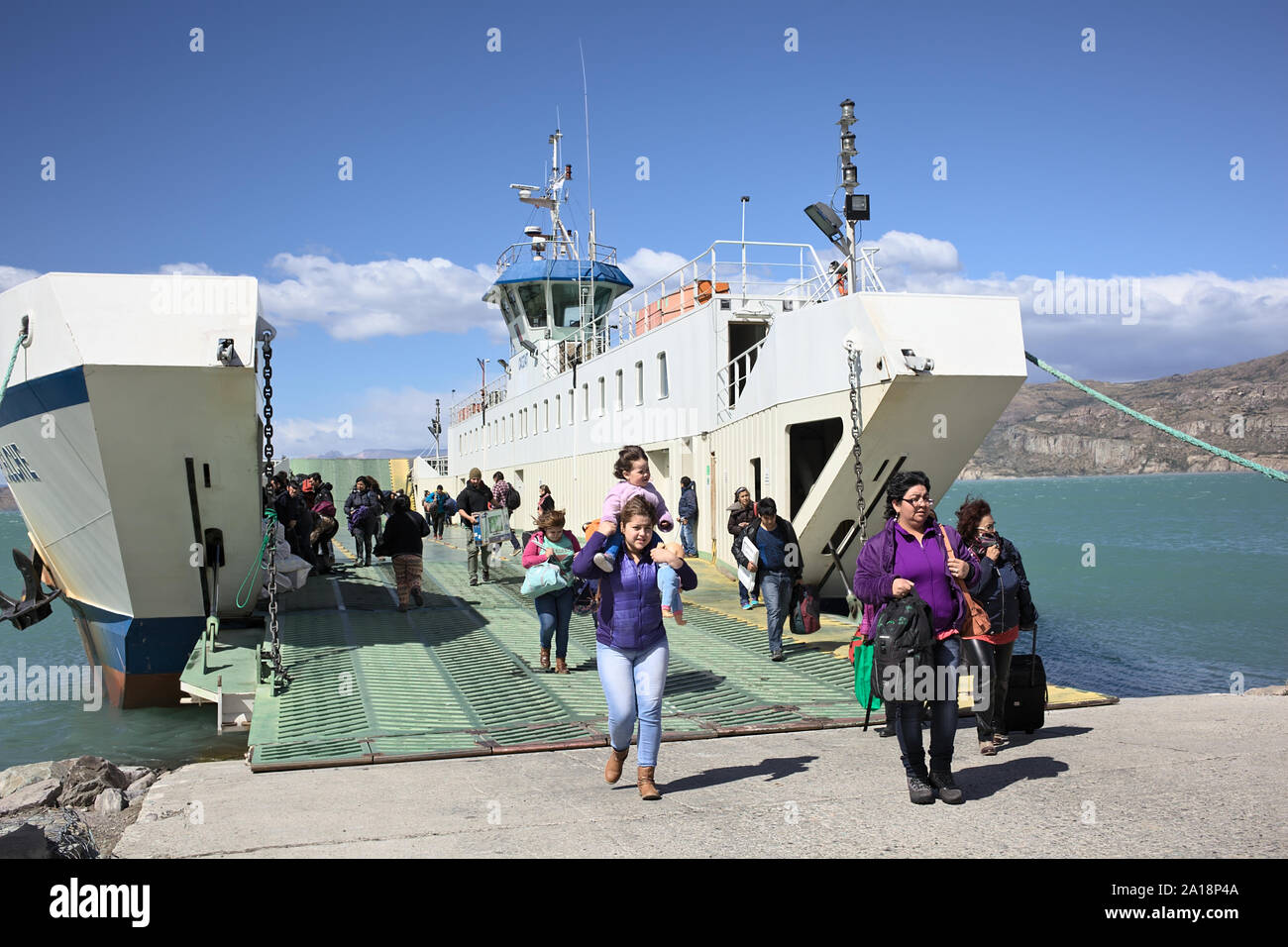 PUERTO IBANEZ, CHILE - FEBRUARY 20, 2016: Unidentified people disembarking ferry from Chile Chico in Puerto Ibanez in Chile Stock Photo
