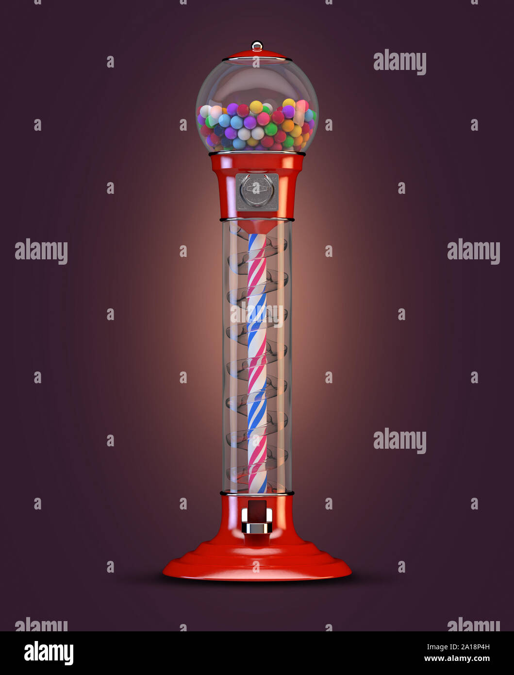 A red vintage gumball dispensing machine filled with multicolored gumballs on an isolated dark background - 3D render Stock Photo