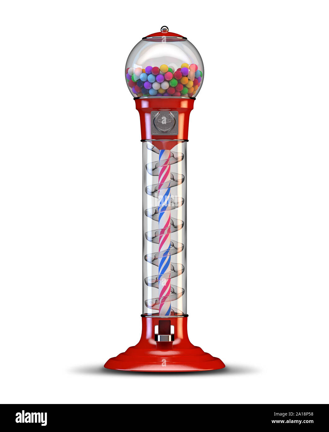 A red vintage gumball dispensing machine filled with multicolored gumballs on an isolated white background - 3D render Stock Photo