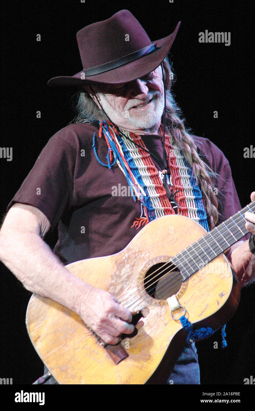 Willie Nelson Plays The Guitar at Red Rocks Amphitheater in Morrison, Colorado. Stock Photo