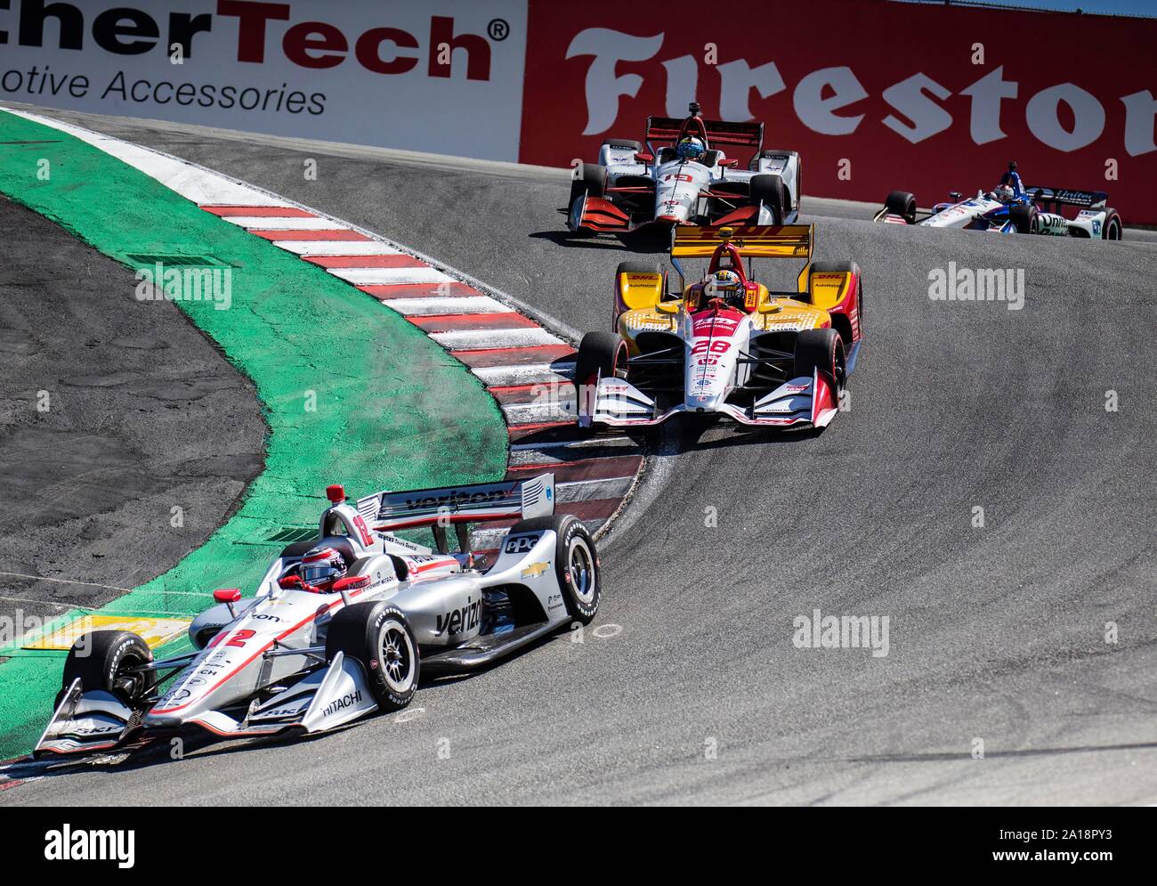 Monterey, CA, USA. 22nd Sep, 2019. A. Team Penske driver Will Power (12) leads the pack in the corkscrew during the Firestone Grand Prix of Monterey IndyCar Championship at Weathertech Raceway Laguna Seca Monterey, CA Thurman James/CSM/Alamy Live News Stock Photo