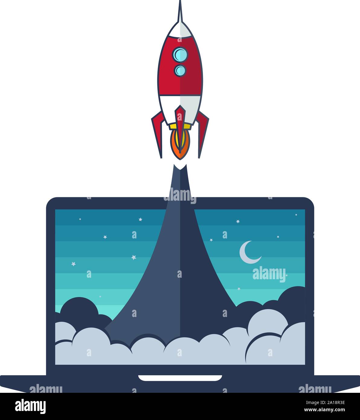 notebook laptop boost start up space rocket shuttle theme vector Stock Vector