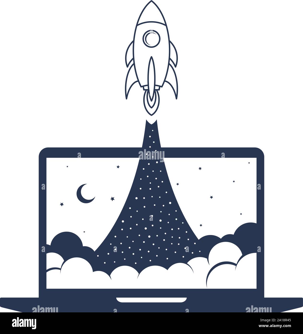 notebook laptop boost start up space rocket shuttle theme vector Stock Vector