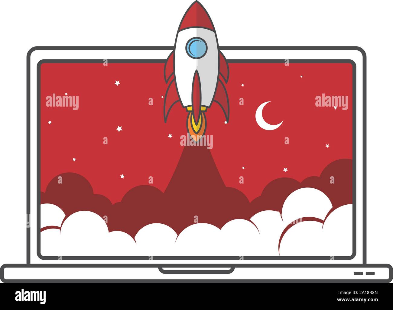 notebook laptop boost start up space rocket shuttle theme vector Stock Vector