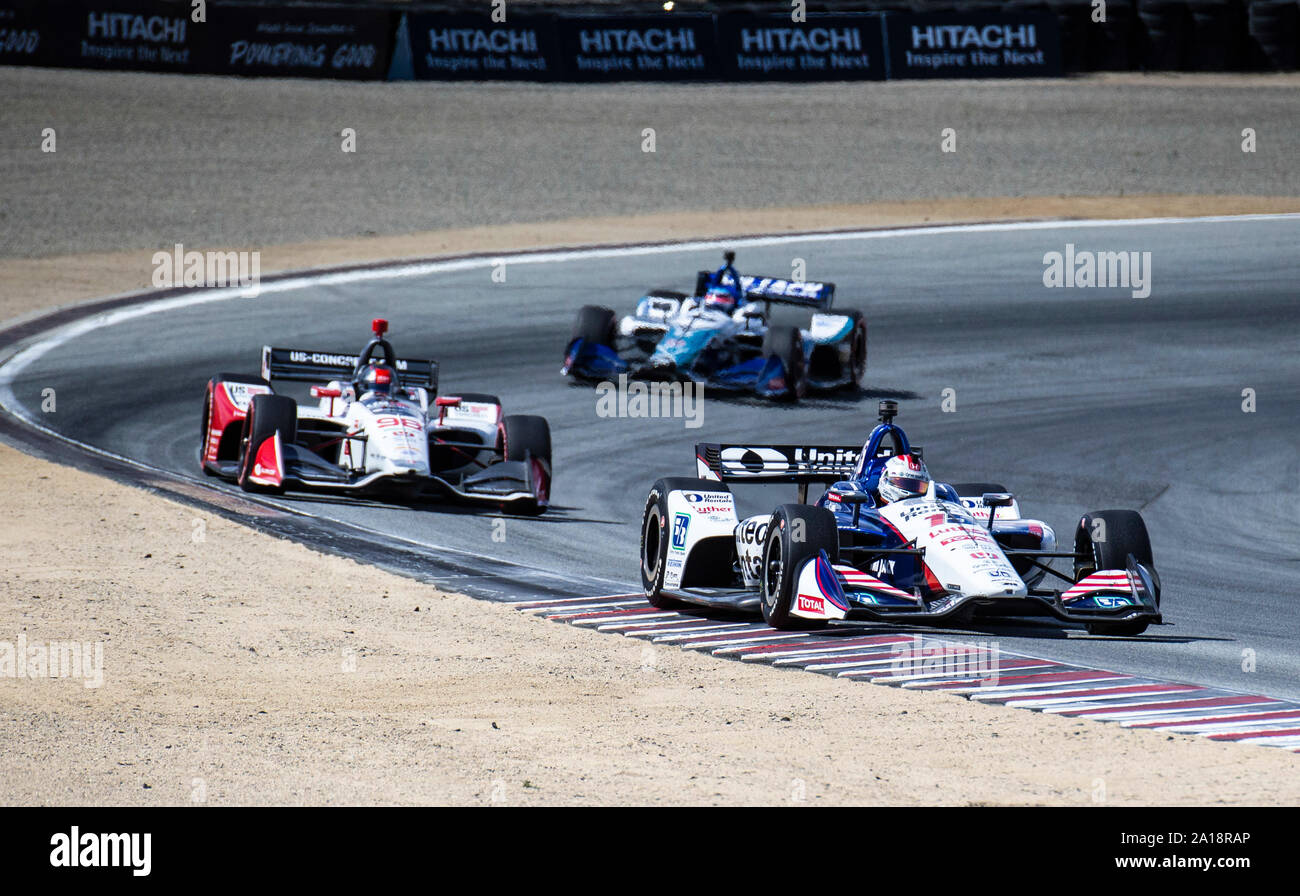 Monterey, CA, USA. 22nd Sep, 2019. A. Rahal Letterman Lanigan Racing driver Graham Rahal (15) leads a pack of racers out of turn 5 during the Firestone Grand Prix of Monterey IndyCar Championship at Weathertech Raceway Laguna Seca Monterey, CA Thurman James/CSM/Alamy Live News Stock Photo