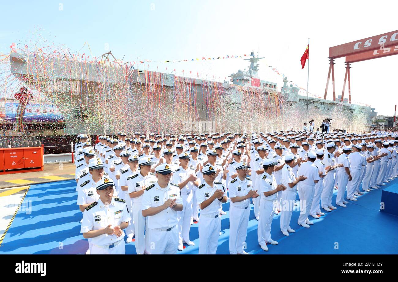 Shanghai, China. 25th Sep, 2019. The launch ceremony of the first amphibious assault ship of the Chinese People's Liberation Army (PLA) Navy is held in Shanghai, east China, Sept. 25, 2019. Credit: Li Tang/Xinhua Stock Photo
