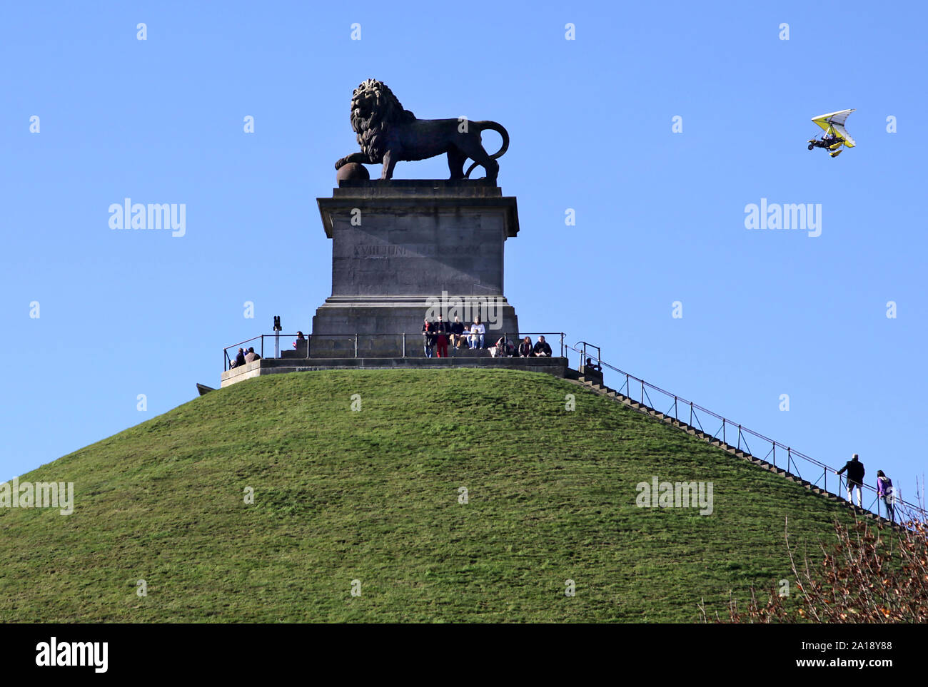 The Lion's Mound at Waterloo Belgium with Ultralight plane in