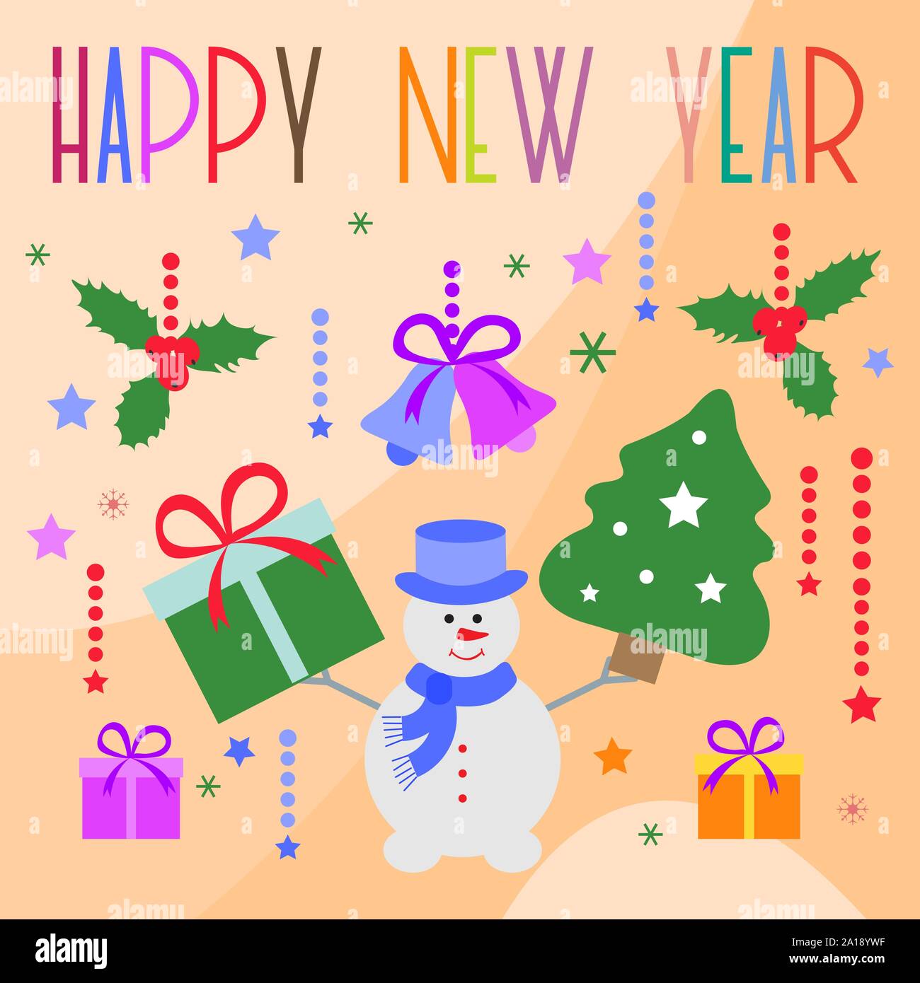 Happy New Year 2020 Merry Christmas Vector Illustration With Snowman Mistletoe Christmas Tree Bells Gifts Design For Poster Card Wrapping Fa Stock Vector Image Art Alamy
