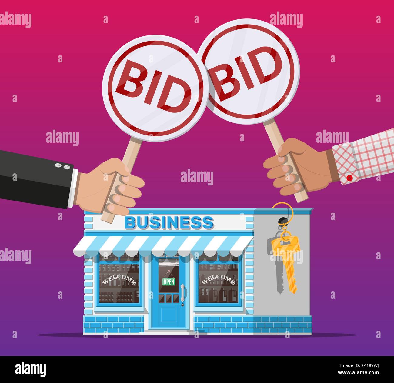 Hands holding auction paddle. Bid plate. Real estate, house building