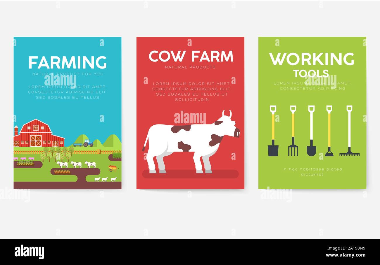 Farm information cards set. Nature template of flyear, magazines, posters, book cover, banners. Eco infographic concept background. Layout illustrations modern pages with typography Stock Vector