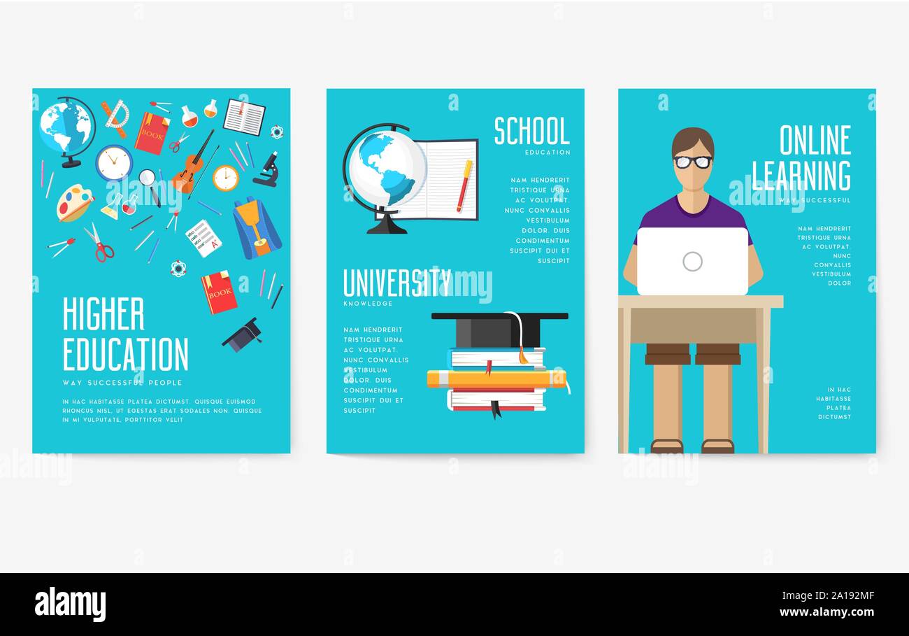 Back to school information cards set. Student template of flyear, magazines, posters, book cover, banners. College education infographic concept background. Layout illustrations modern Stock Vector