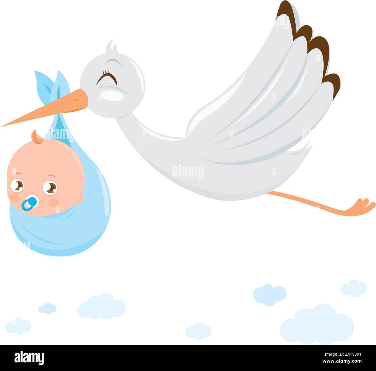 Stork delivering a new baby boy. Vector illustration Stock Vector