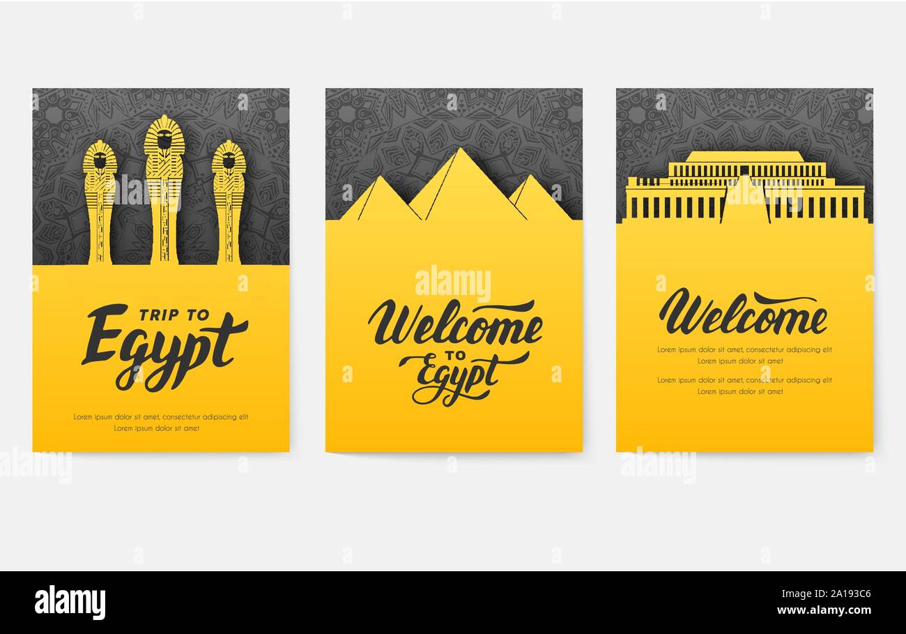 Set of Egypt country ornament illustration concept. Art traditional, poster, book, abstract, ottoman motifs, element. Vector decorative ethnic greeting card or invitation design Stock Vector