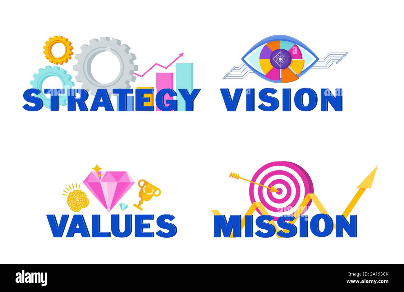 Business vision, mission, values and strategy statement Stock Vector