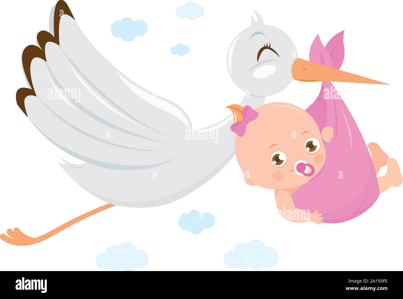 Stork delivering a new baby girl. Vector illustration Stock Vector