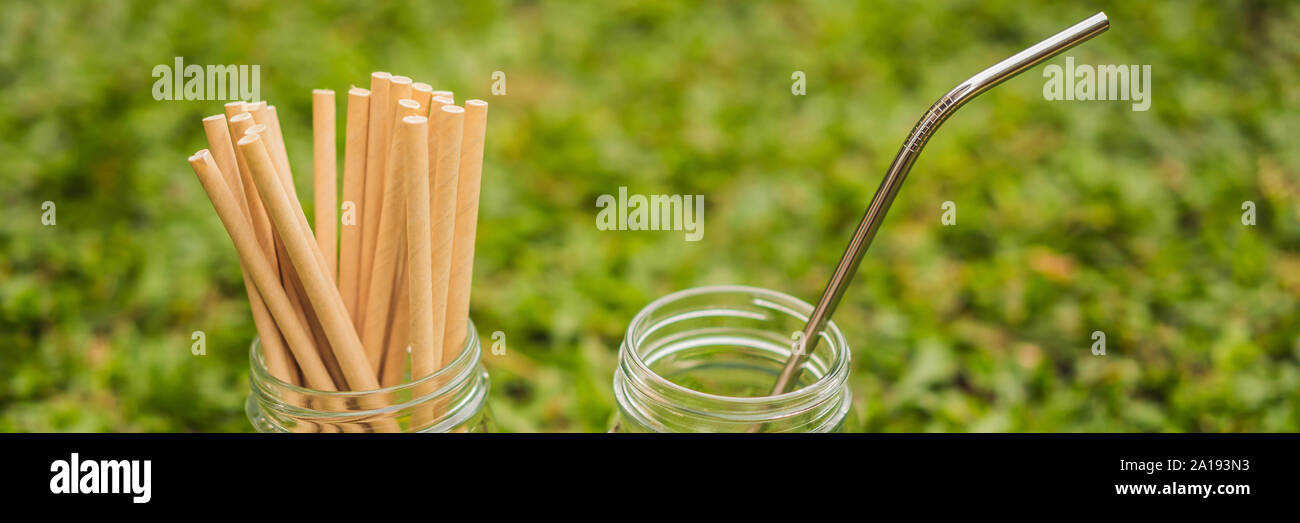 Steel drinking vs disposable straws on grass background. Zero waste
