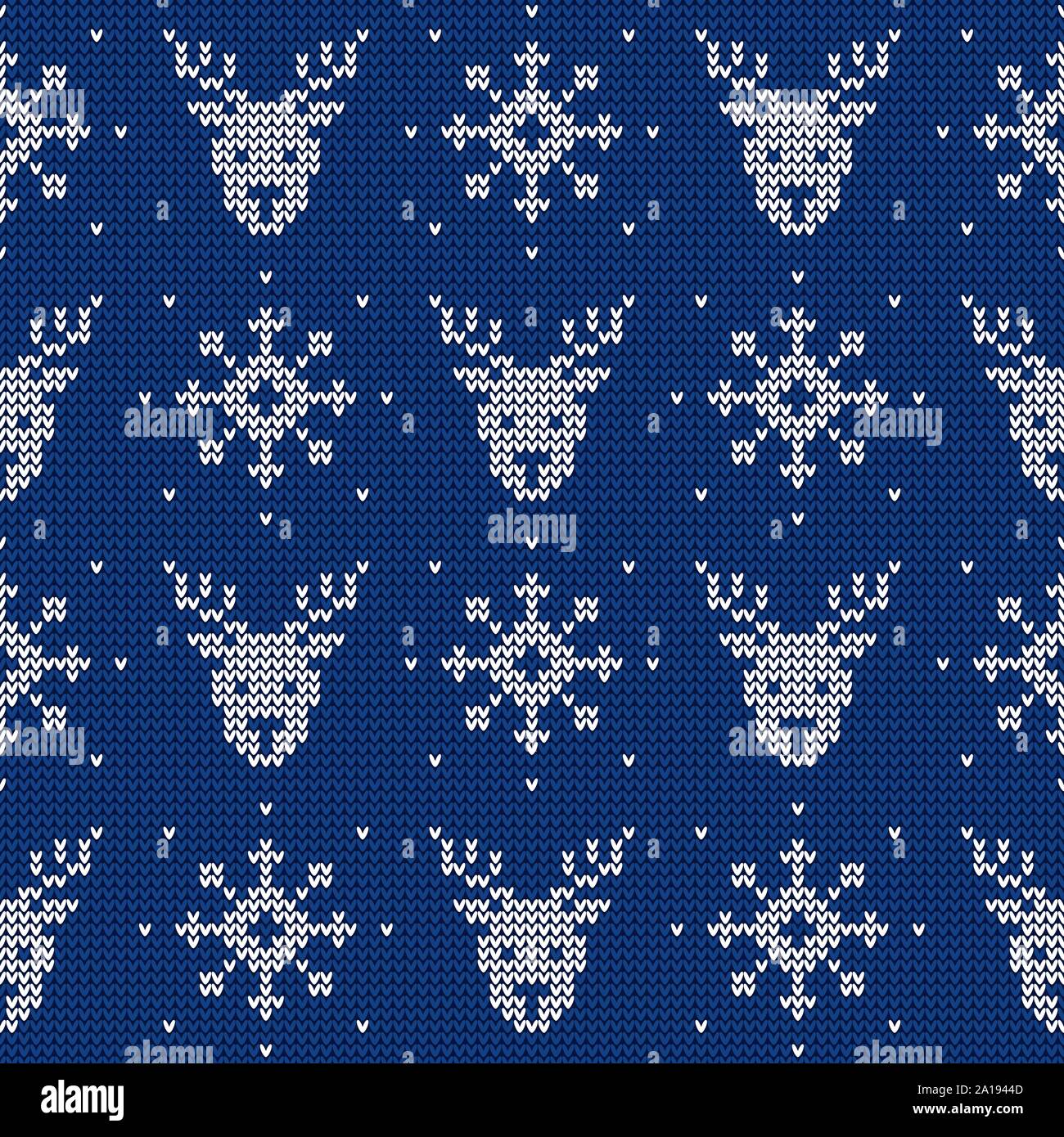 Knitted seamless pattern with deers and snowflakes. Vector background. Blue and white sweater ornament for Christmas or winter design. Stock Vector