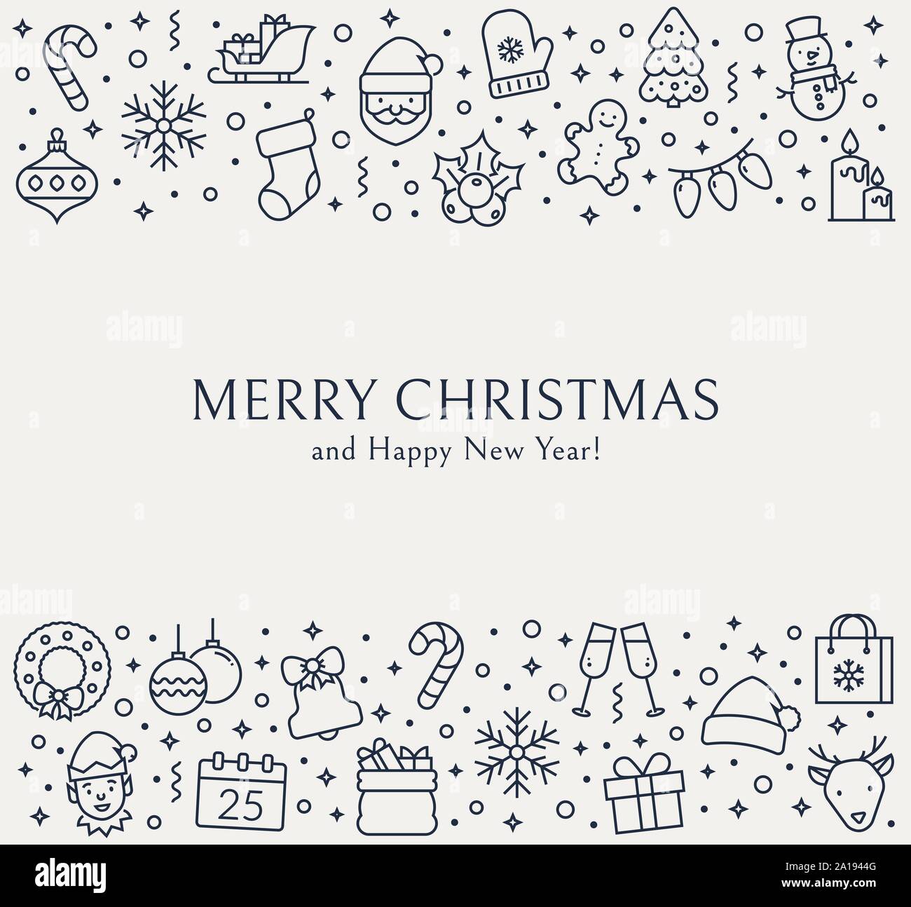 Christmas greeting card with outline icons. Merry Christmas and Happy New Year! Vector background with holiday symbols. Stock Vector