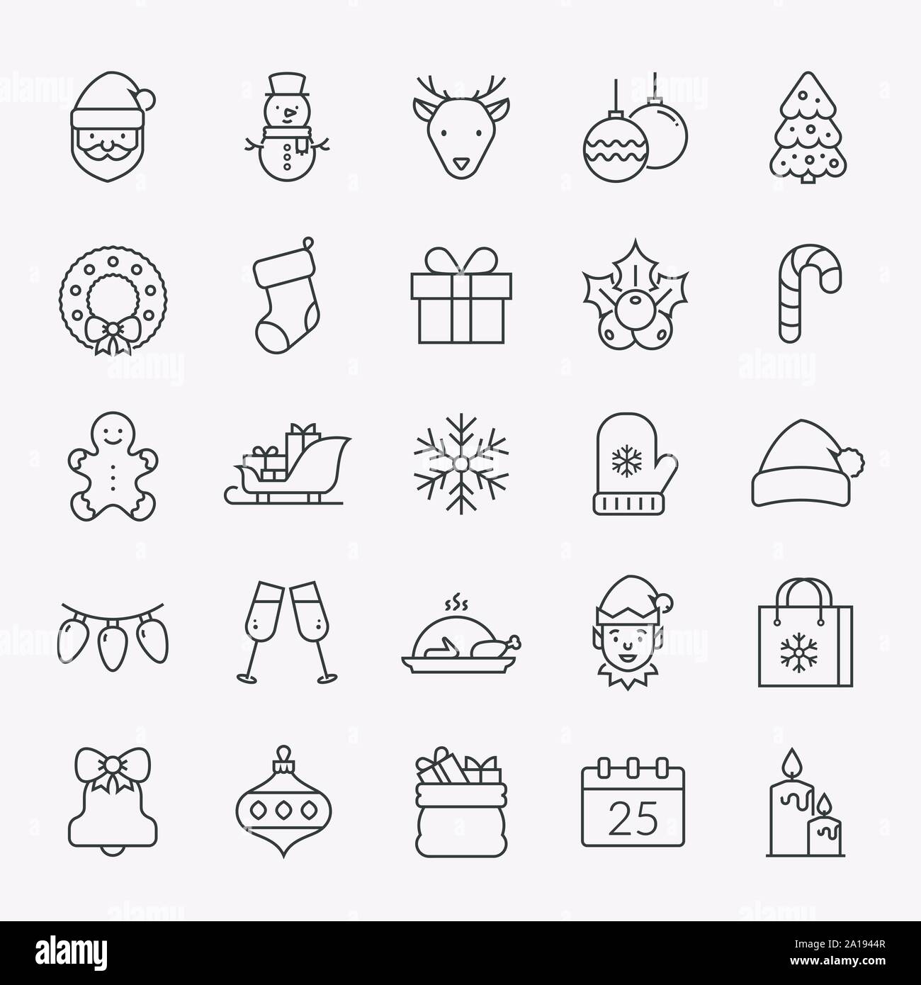 Christmas and New Year line icons set. Isolated winter holiday symbols - Santa, Elf, snowman, Christmas tree, deer, etc. Outline vector collection. Stock Vector