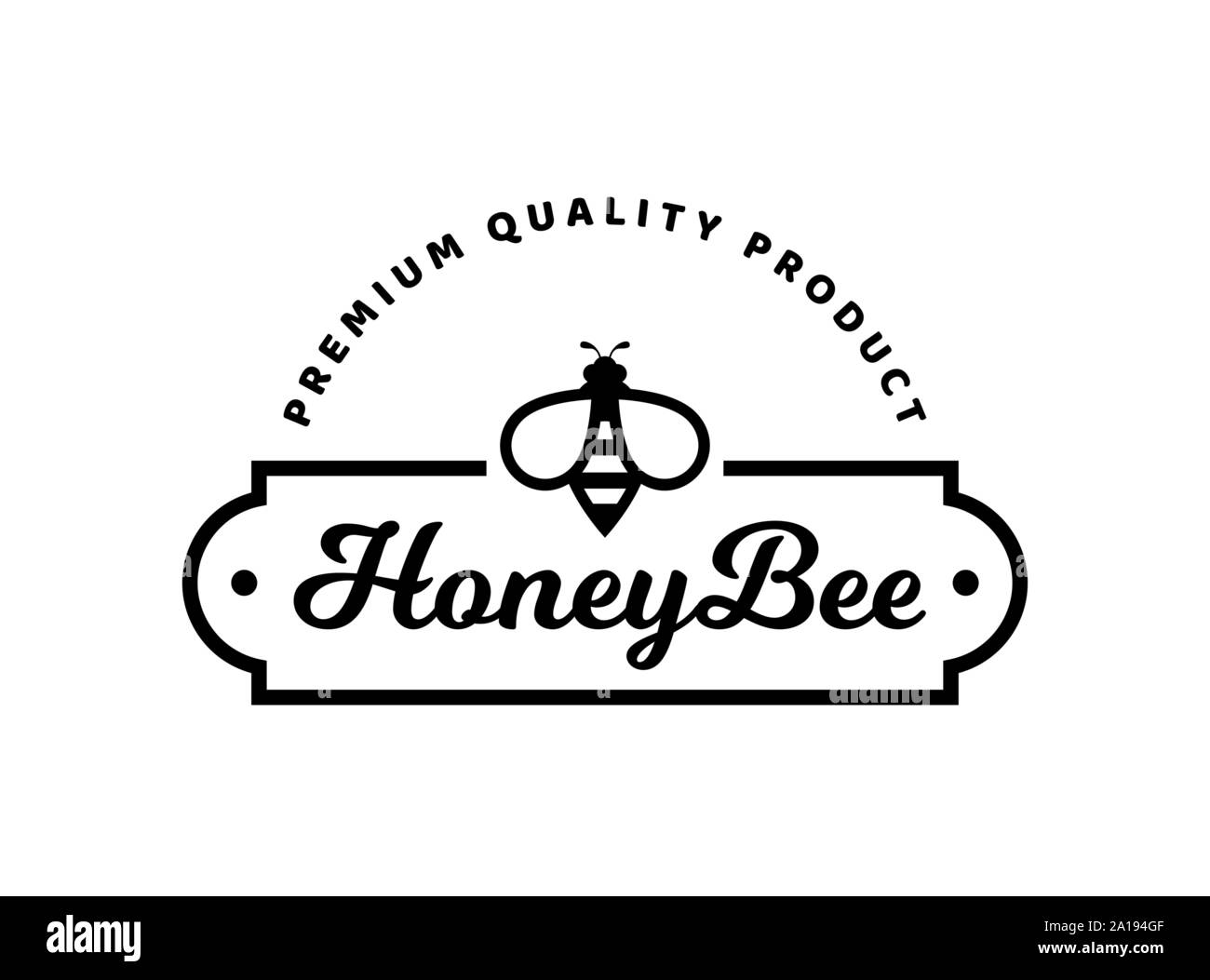 Vector emblem for honey products with bee. Logo template. Black sign isolated on a white background. Stock Vector