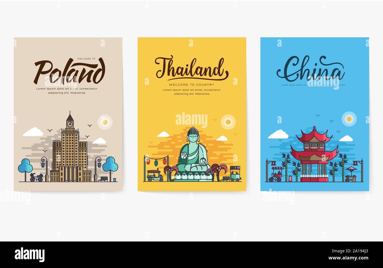 Set of outline different cities for travel destinations. Landmarks banner thin line of flyer, magazines, posters, book cover, banners. Layout world architectural flat illustrations modern Stock Vector