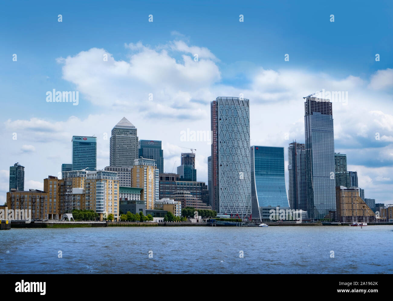 Canary Wharf, London, United Kingdom 2nd August 2019: London financial centre Canary Wharf as seen from River Thames Stock Photo